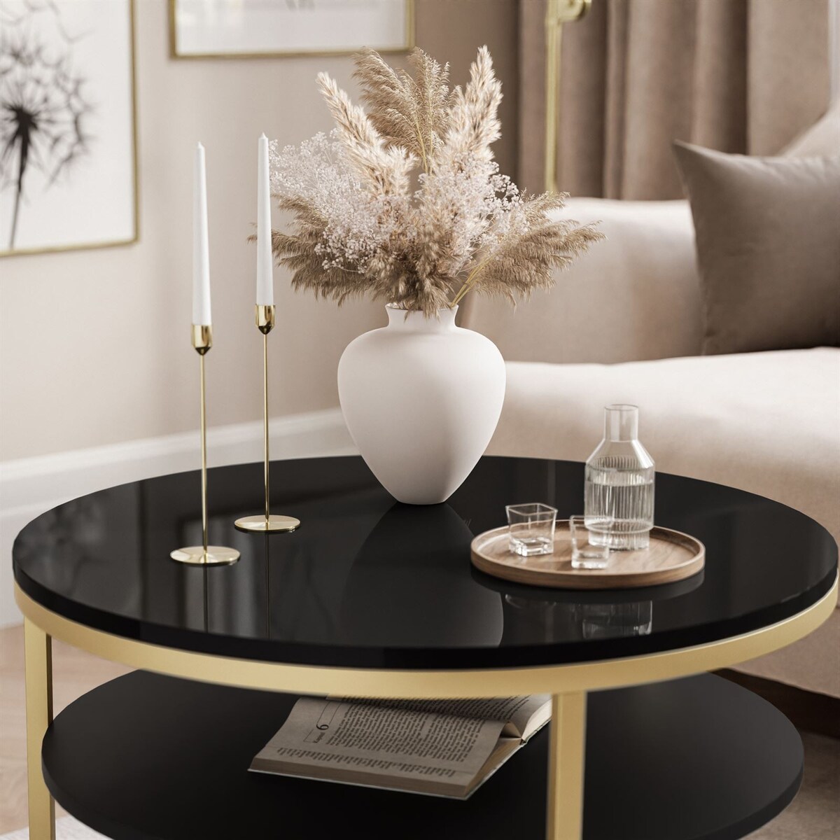 Stolik kawowy CIRI SLIM z półką złoty czarny połysk