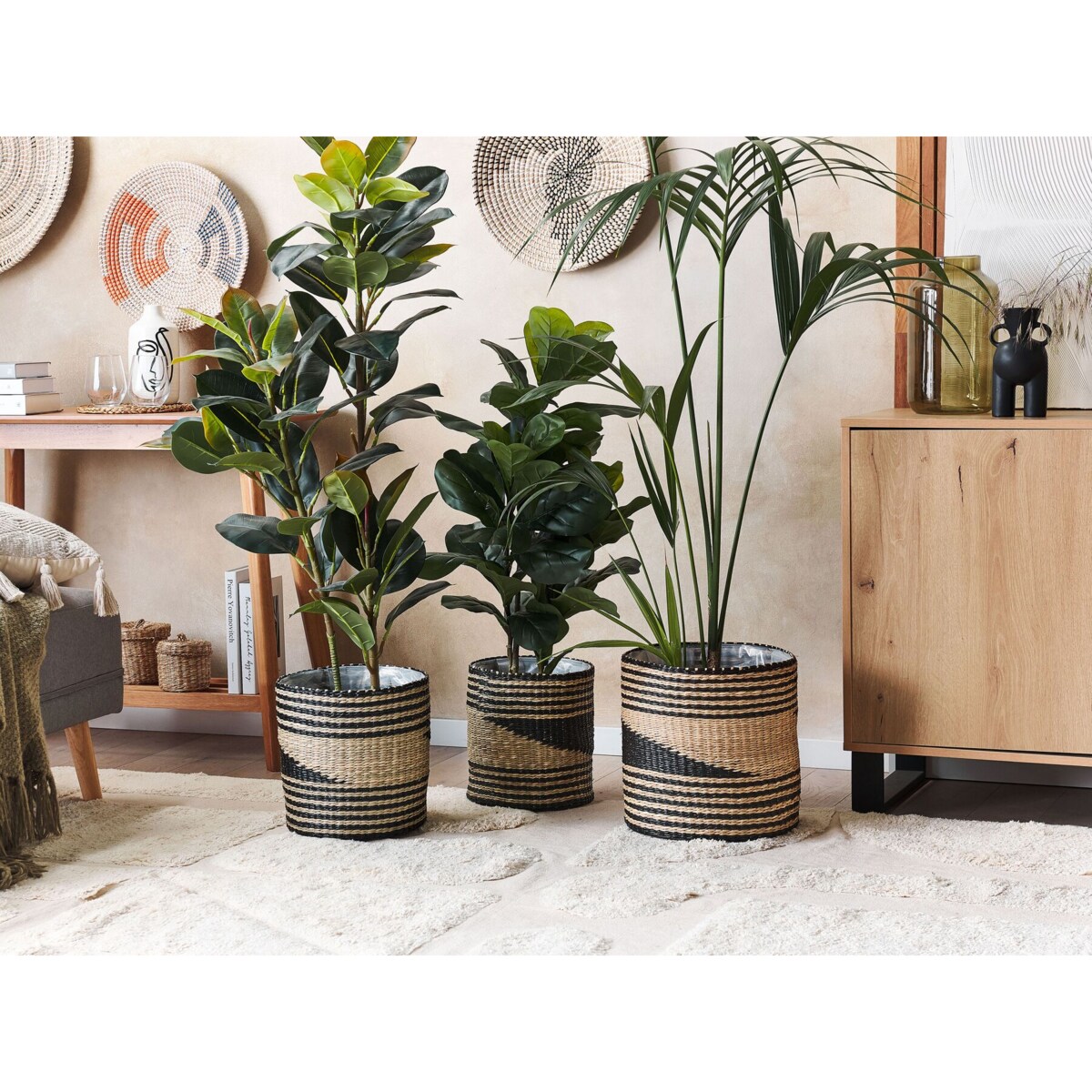 Zestaw 3 koszy na kwiaty z trawy morskiej naturalny z czarnym RATTAIL