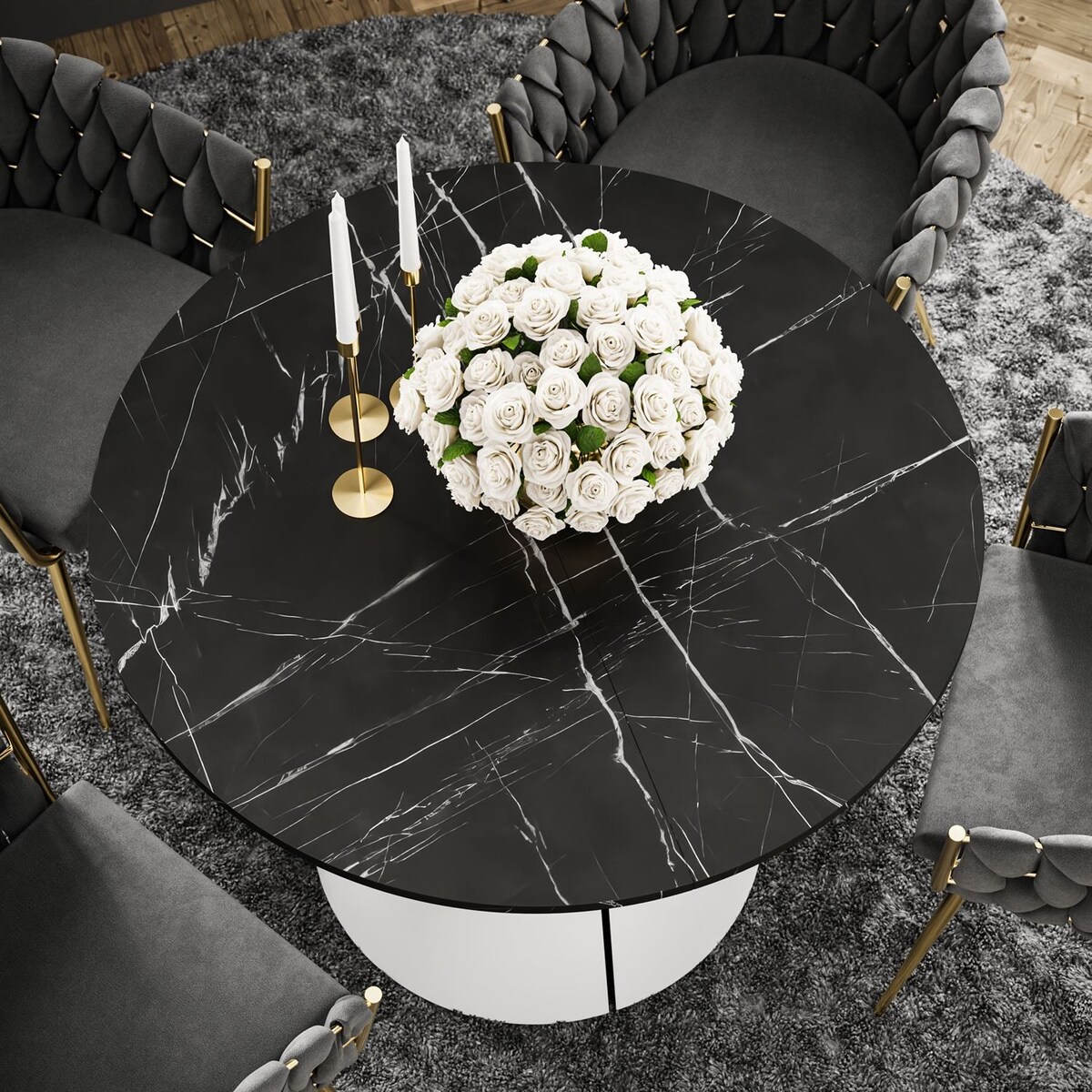 Okrągły stół rozkładany LAVA, średnica 100cm, biały / Black Pietra Grigia