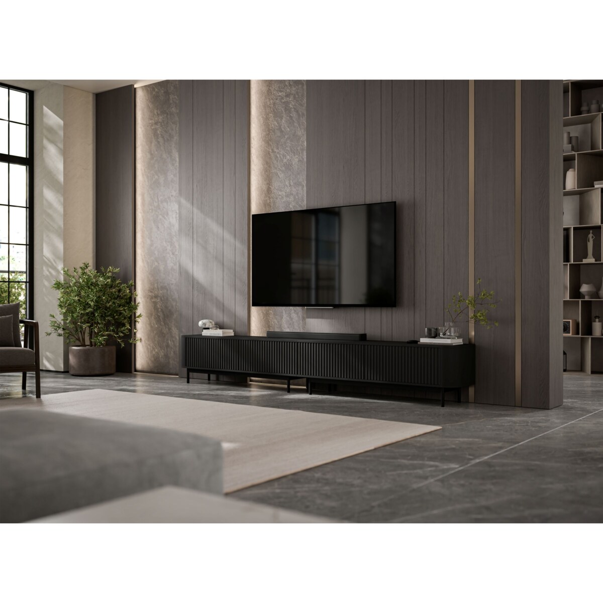 Szafka RTV Komoda RTV 280 cm Glamour Czarny Mat Czarny Stelaż