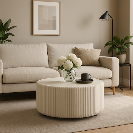 Stolik okrągły kawowy tapicerowany MIJA w tkaninie Tilia, Ecru