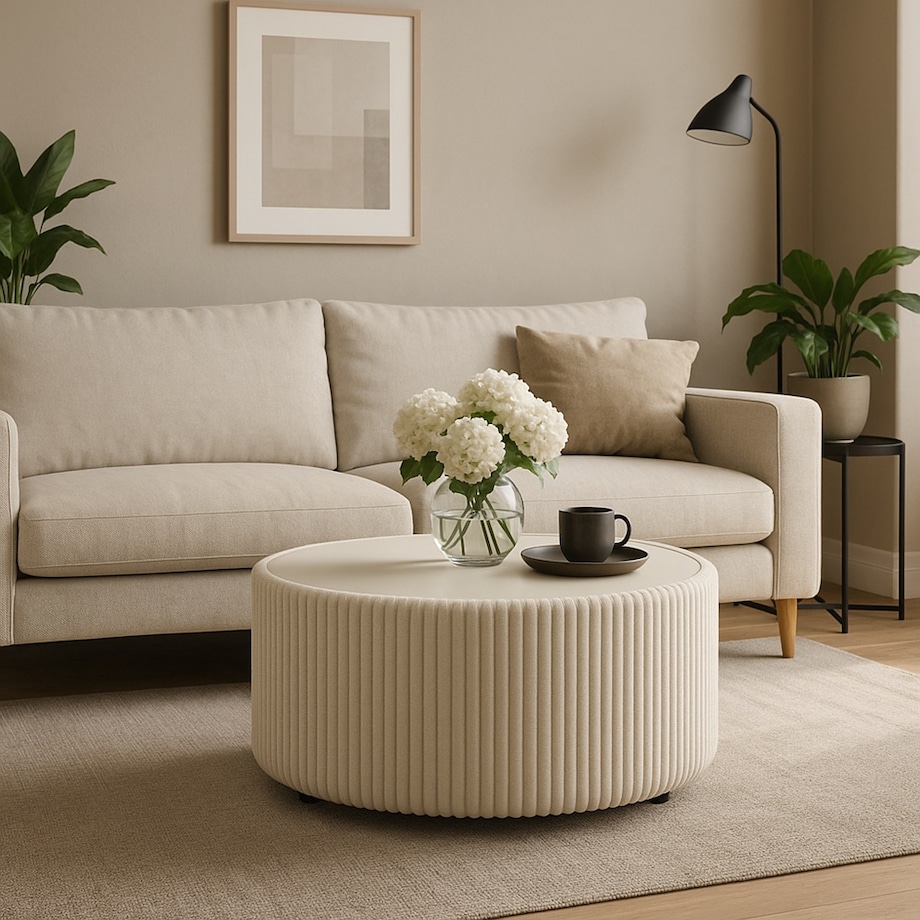 Stolik okrągły kawowy tapicerowany MIJA w tkaninie Tilia, Ecru