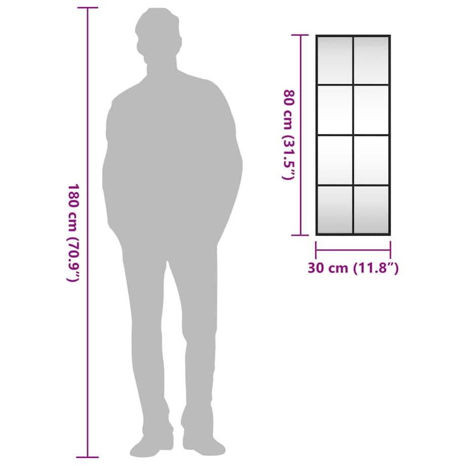 vidaXL Lustro ścienne, czarne, 30x80 cm, prostokątne, żelazo