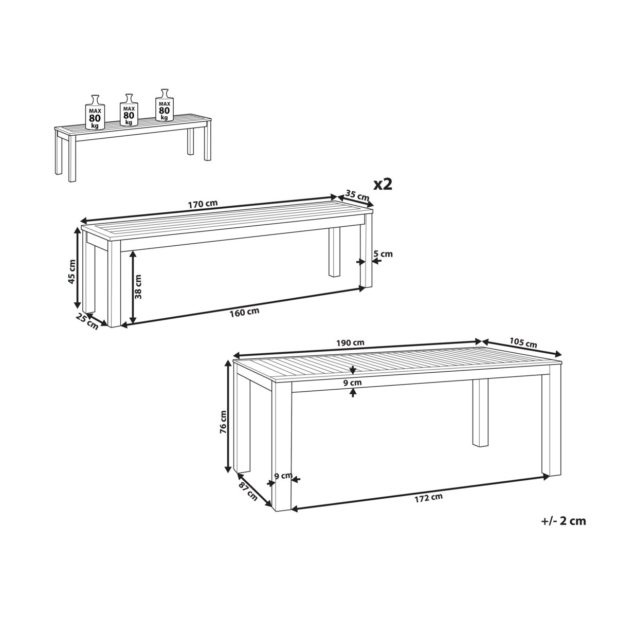 Zestaw ogrodowy eukaliptusowy stół i ławki naturalny MONSANO