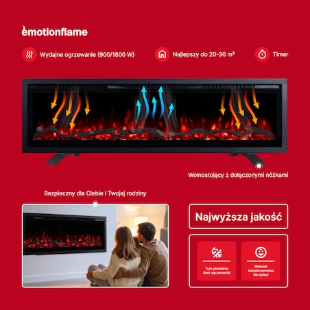 Kominek elektryczny Emotion Flame Regal 152 - ścienny i do zabudowy - 152x35x12 cm - kominek LED z funkcją grzania 900/1800 W