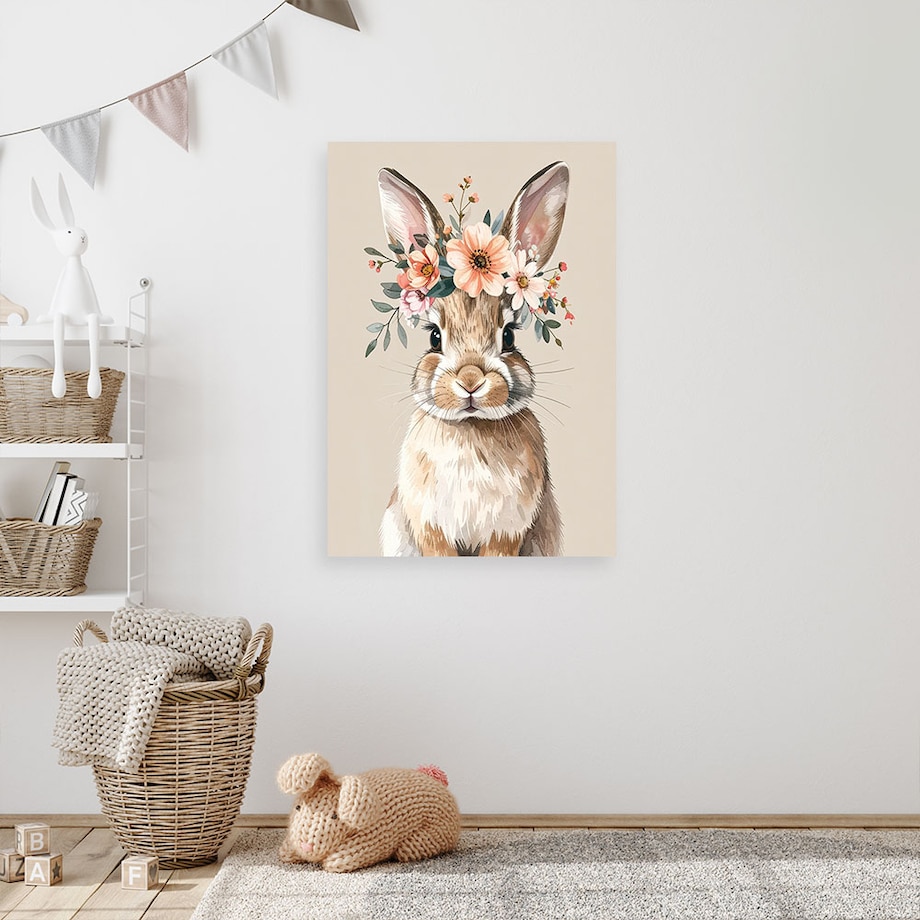 Obraz do pokoju dziecka niemowlaka, Zając królik zwierzęta leśne beżowy 30x45 cm