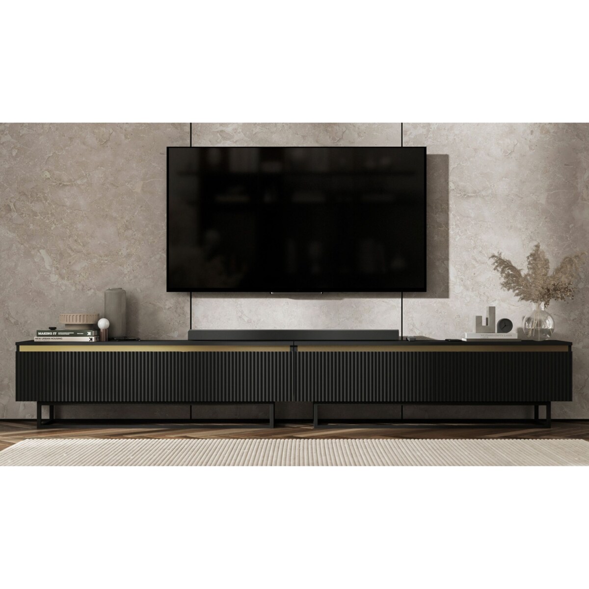 Nowoczesna Szafka RTV Glamour Komoda RTV Czarny Mat 280 cm czarny stelaż