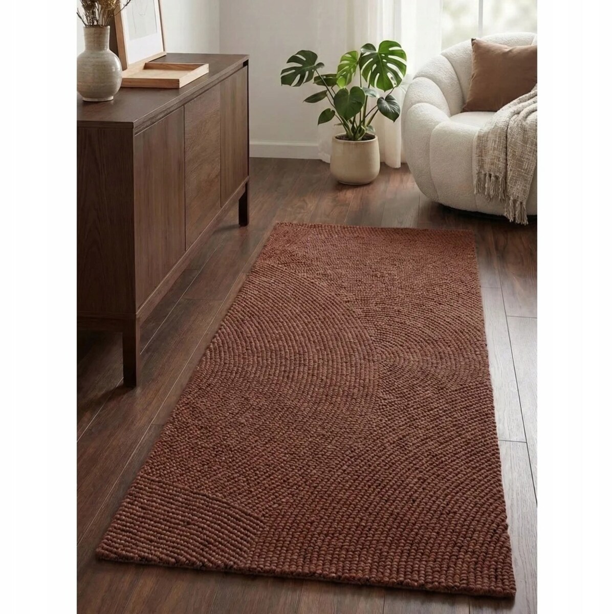 Chodnik wełniany na korytarz 80x200cm,brązowy wzór w półkola, efekt 3d