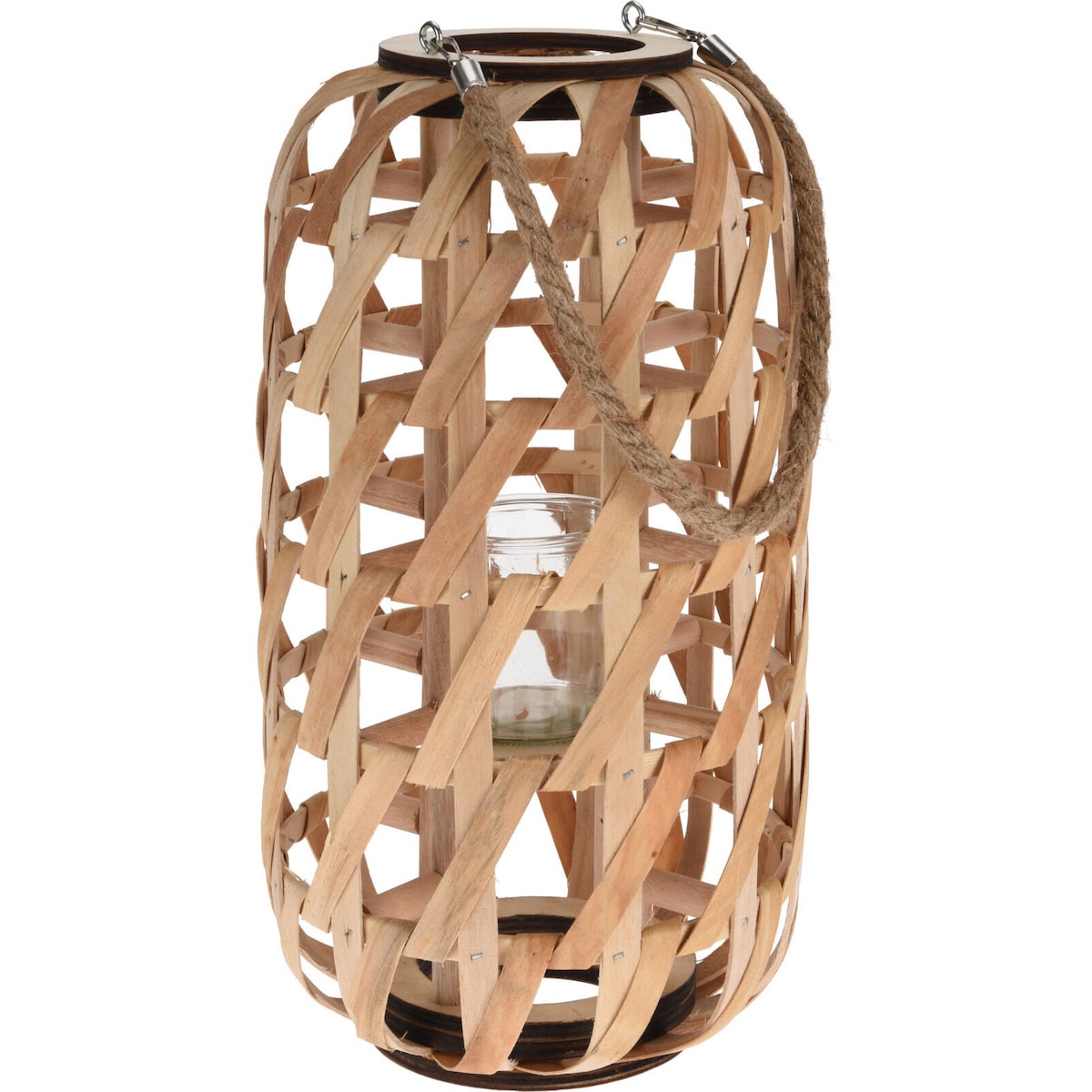 Drewniany lampion, minimalistyczna plecionka i uchwyt ze sznurka