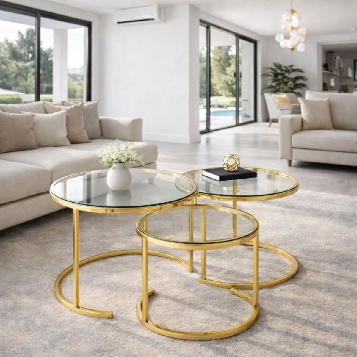 Złote stoliki kawowe glamour – zestaw 3 stolików do salonu AMBER