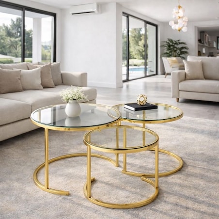 Złote stoliki kawowe glamour – zestaw 3 stolików do salonu AMBER