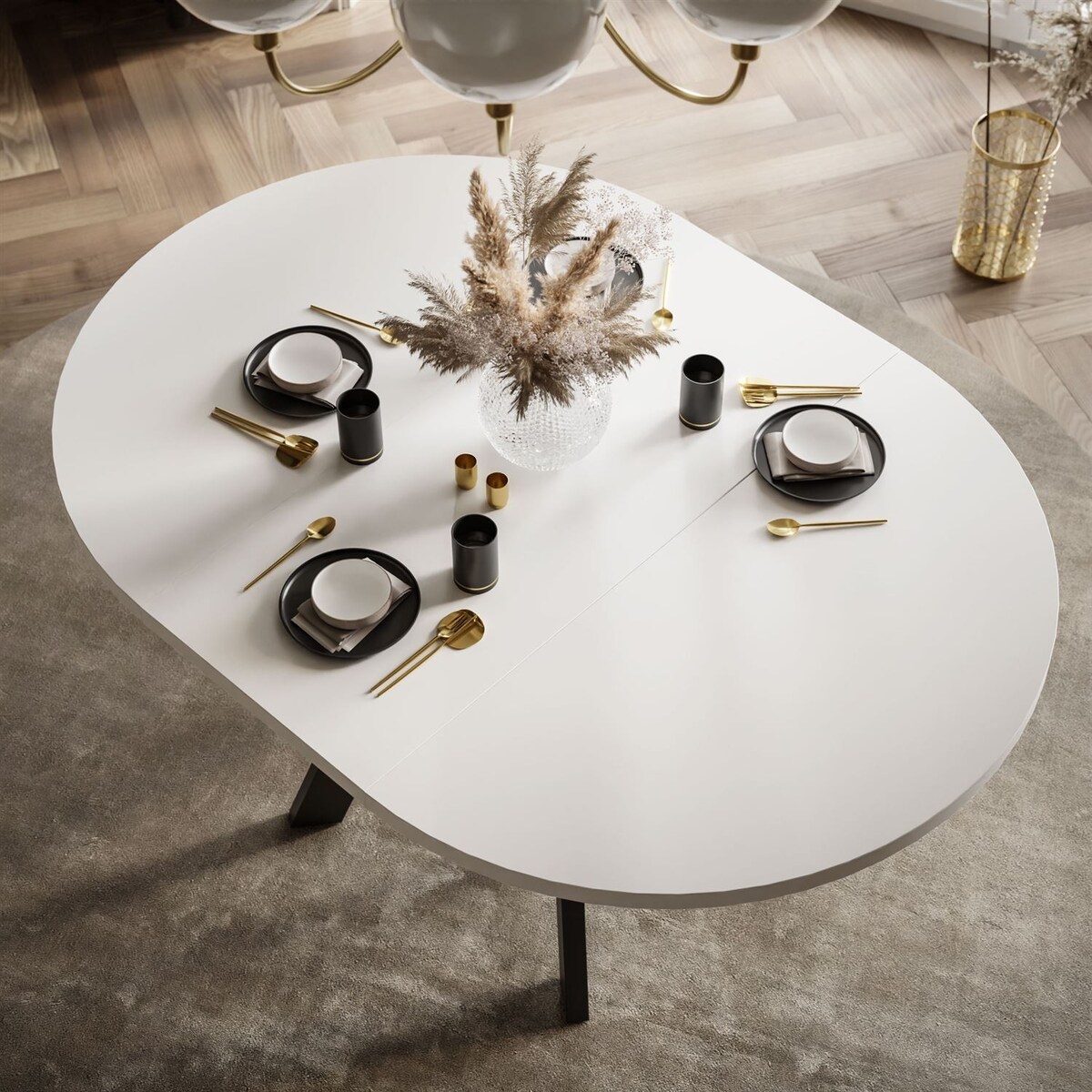 Okrągły stół rozkładany VOLTA MATT, nogi czarne, blat biały