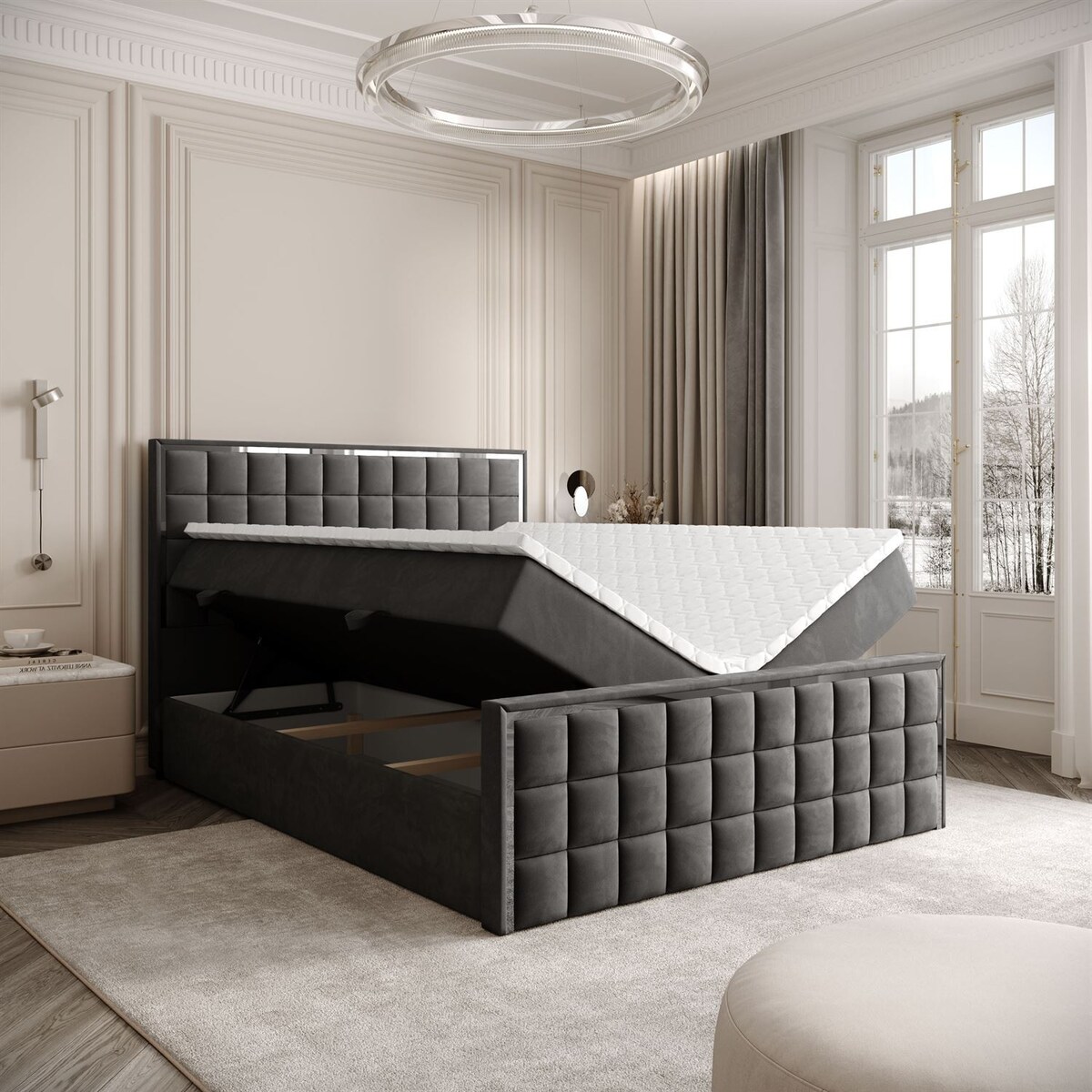 Łóżko kontynentalne ISADORA II SILVER, pojemnik na pościel, 140x200, RV 185, topper