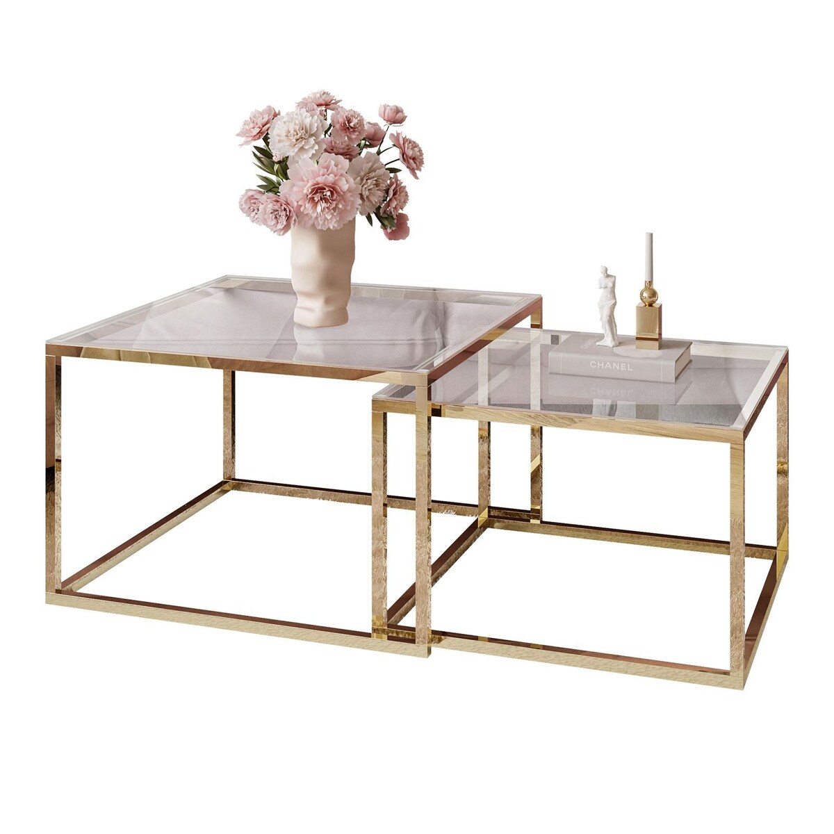 Stolik kawowy YOSHI 2w1 złoty chrom przeźroczyste szkło