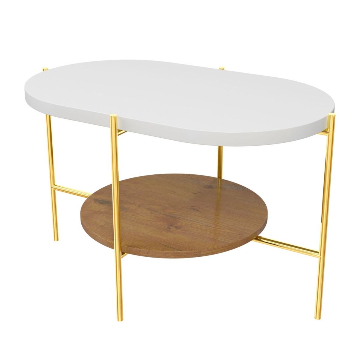 Nowoczesny stolik kawowy Dancan ARENA / złota podstawa + biały i dębowy blat