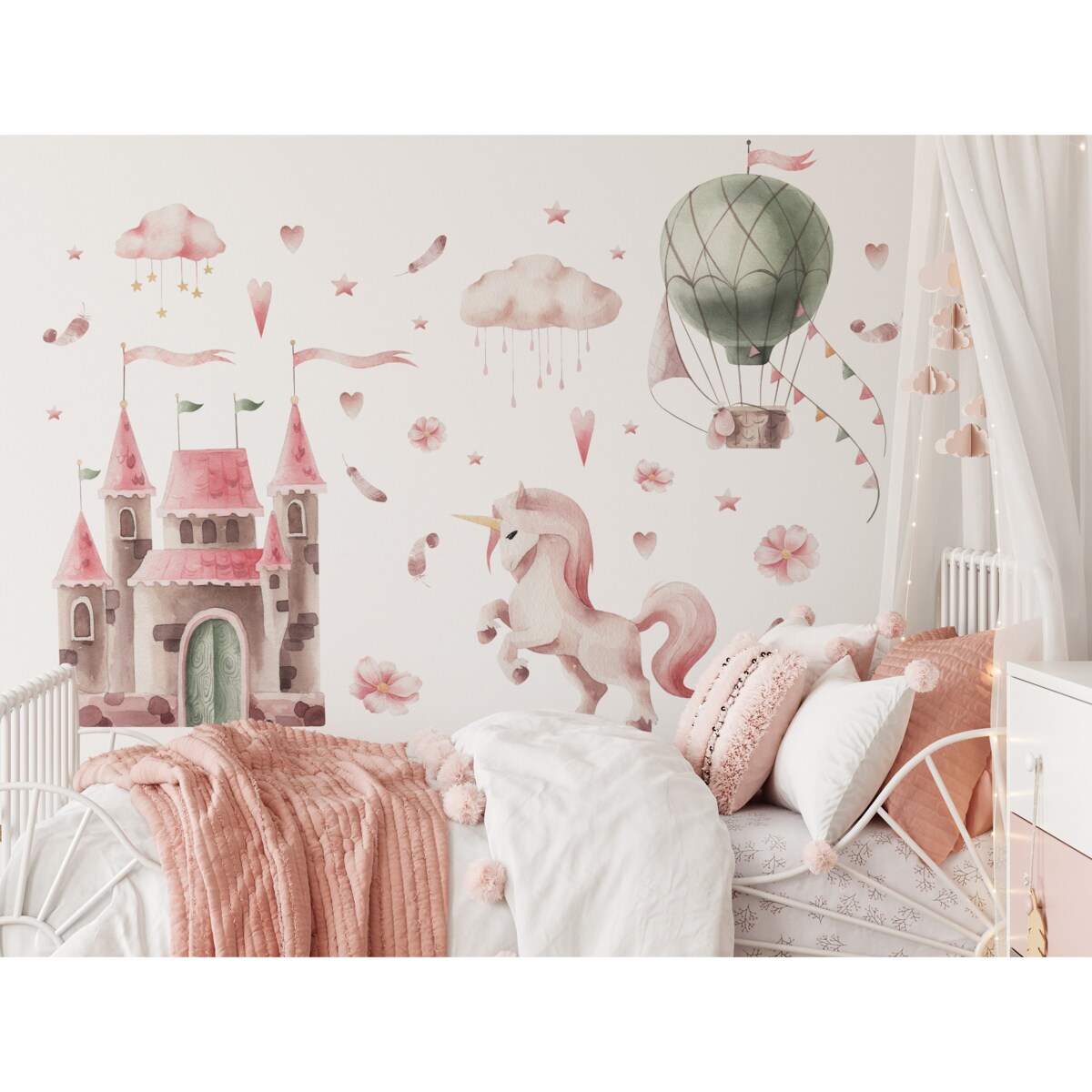 ZESTAW Naklejek DLA DZIECI Jednorożec Akwarelowy Zamek Balon Różowe Chmurki 60x30cm