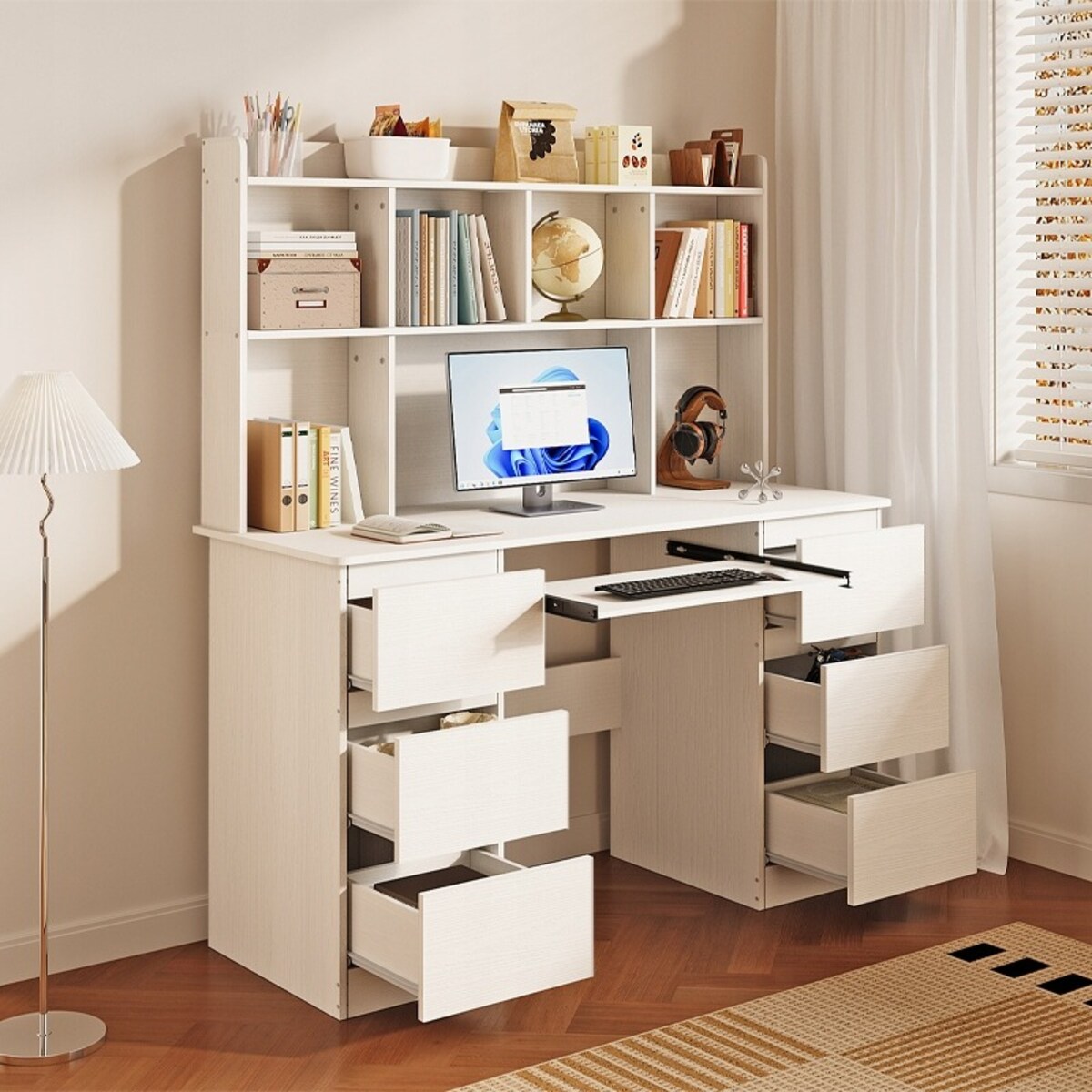 Biurko nowoczesne z nadstawką białe 6 szuflad półki do biura pokoju pracy