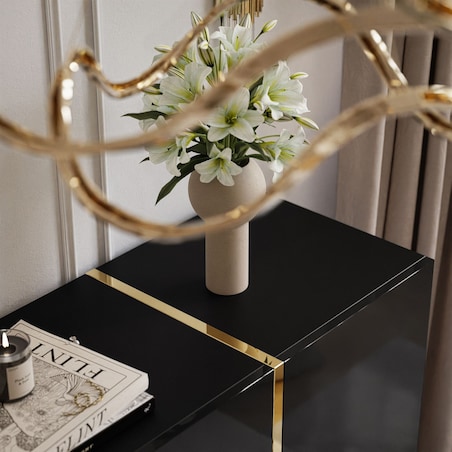 Komoda z szufladami ONYX na złotych nóżkach wysoki połysk 158 cm, czarna, push-to-open