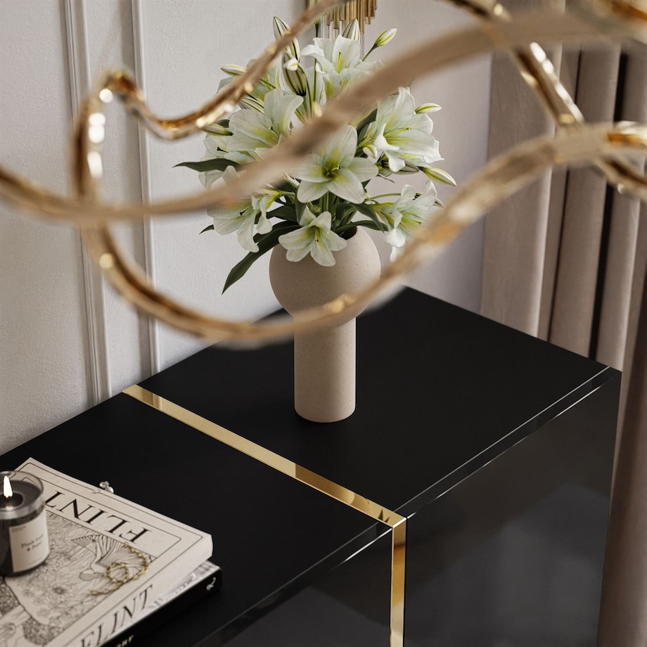 Komoda z szufladami ONYX na złotych nóżkach wysoki połysk 158 cm, czarna, push-to-open