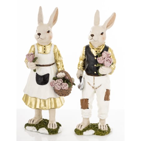 Dekoracja - para królików 21,5x7,5x6 i 22x10x7 cm FRODO z koszem róż