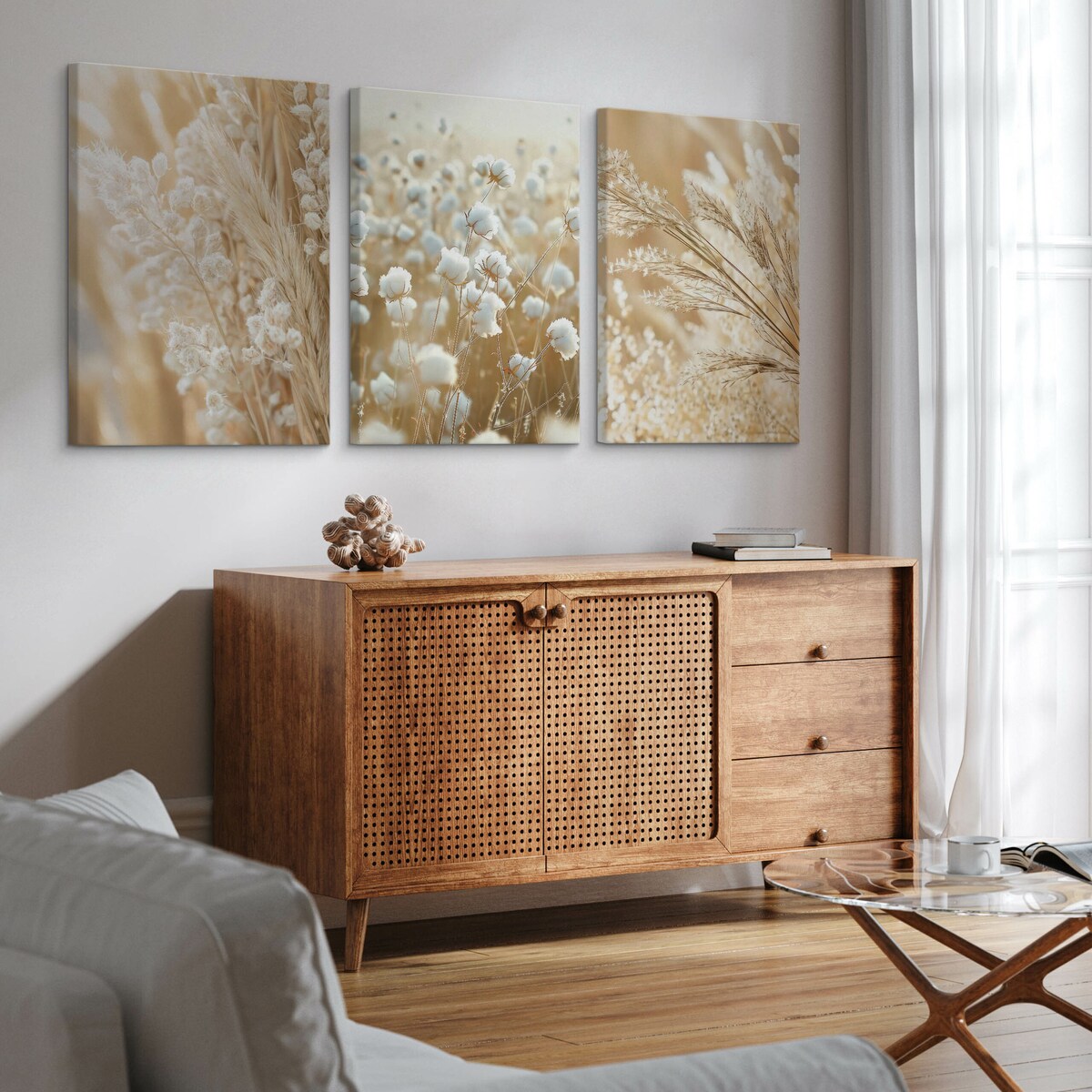 3x Obraz Ścienny Do Salonu Set Trawa Pampasowa Bawełna Boho Natura 30x40cm