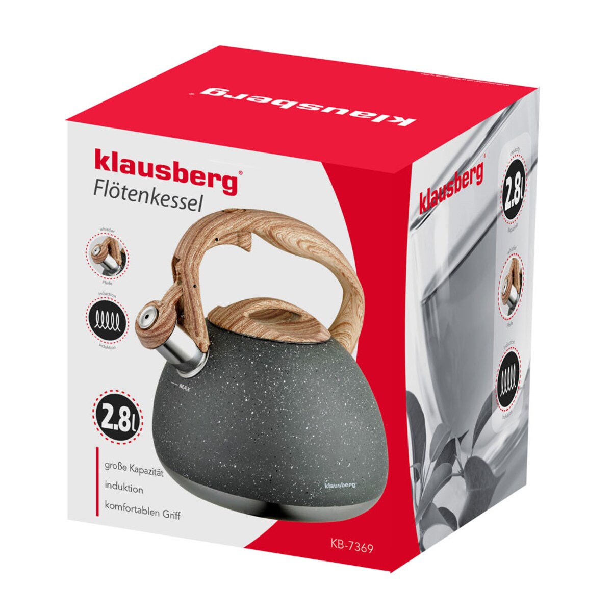 Czajnik stalowy z gwizdkiem 2.8L Wood Line szary KLAUSBERG
