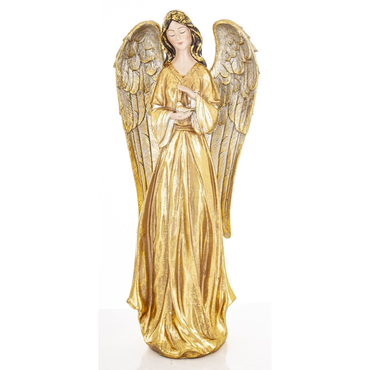 Dekoracja - anioł 46x16x12 cm ANGHEL-6 w złotej sukni z ptaszkiem