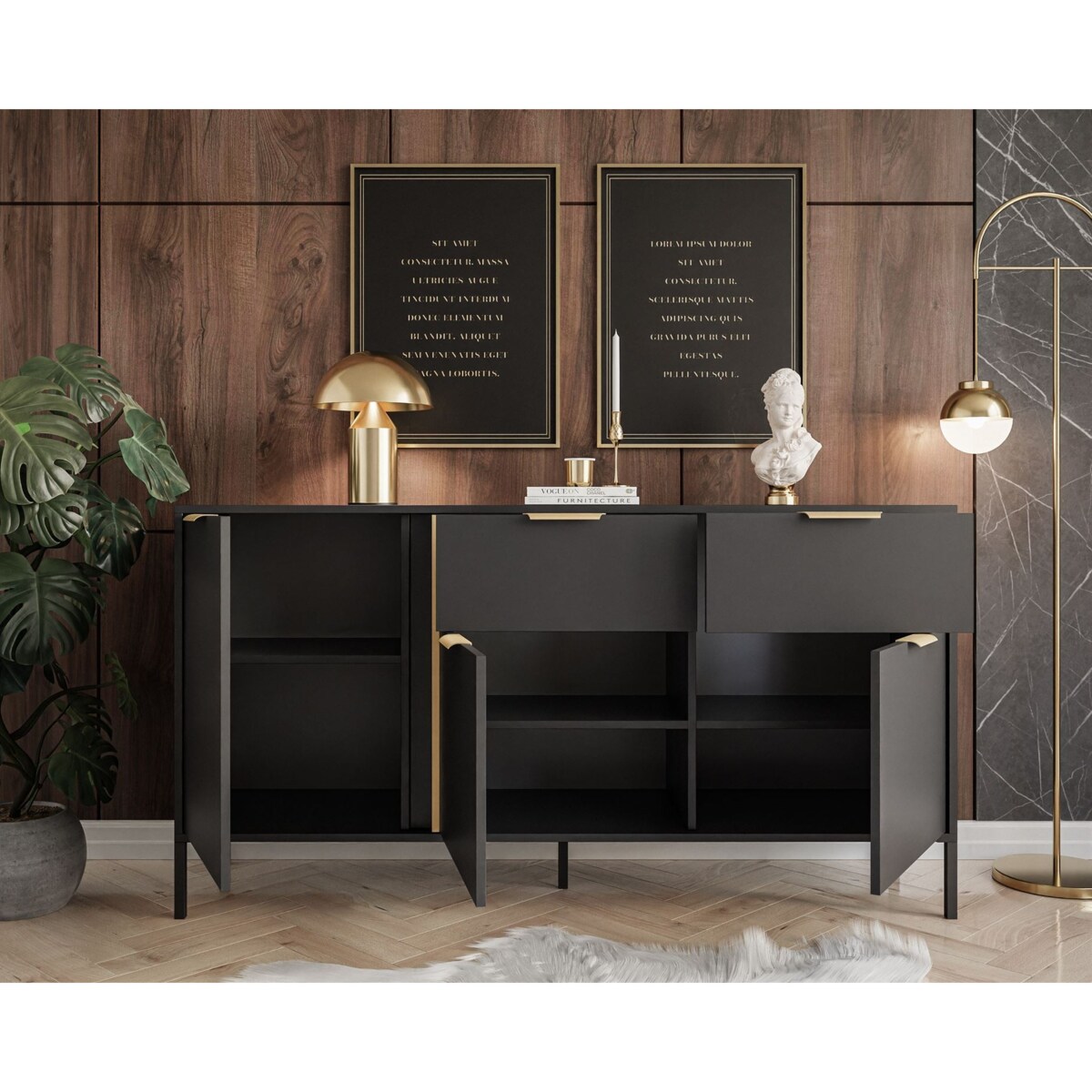 Komoda z szufladami LARETTO 153 cm 3D2S antracyt, nóżki czarne