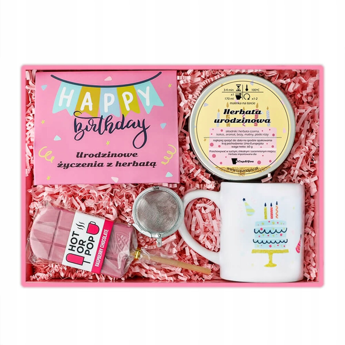 Zestaw prezentowy upominkowy różowy BOX na URODZINY z herbatą czekoladą kubkiem zaparzaczem - dla kobiety nastolatki licealistki koleżanki dziewczyny niej