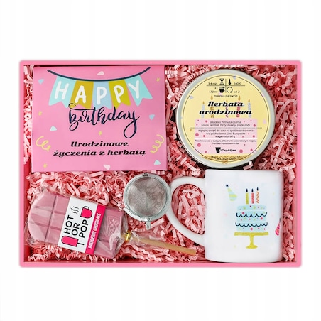 Zestaw prezentowy upominkowy różowy BOX na URODZINY z herbatą czekoladą kubkiem zaparzaczem - dla kobiety nastolatki licealistki koleżanki dziewczyny niej