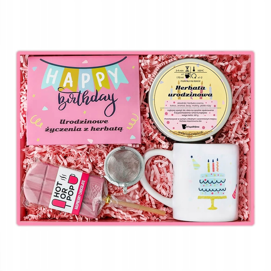 Zestaw prezentowy upominkowy różowy BOX na URODZINY z herbatą czekoladą kubkiem zaparzaczem - dla kobiety nastolatki licealistki koleżanki dziewczyny niej