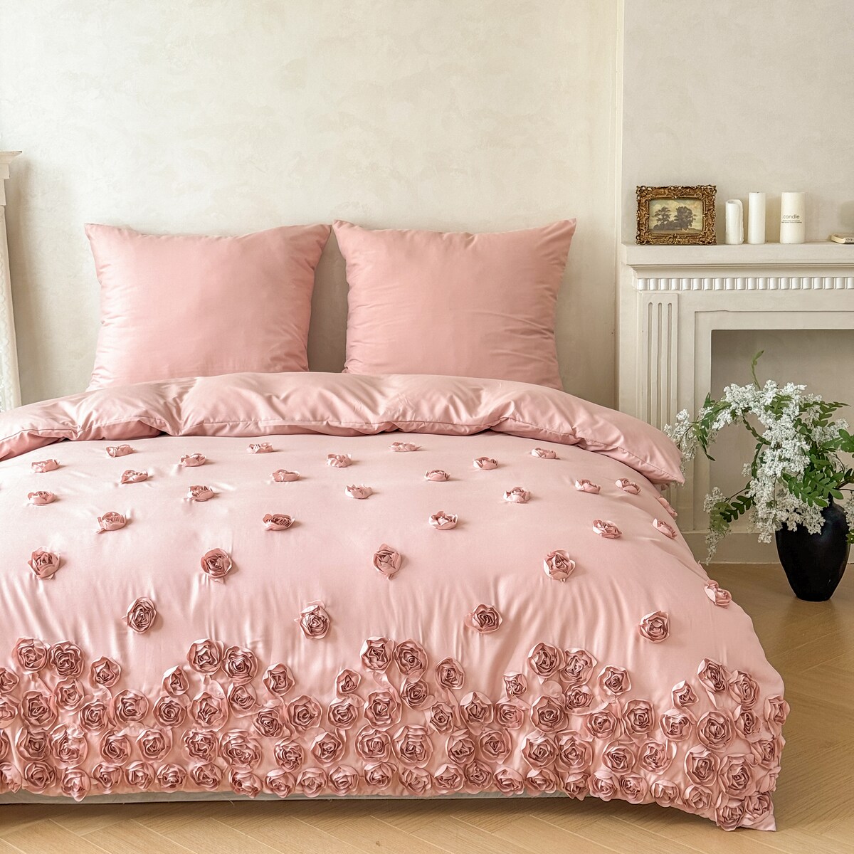 pościel "french roses" z aplikacją 3D róże wyszywane 160x200 | różowy