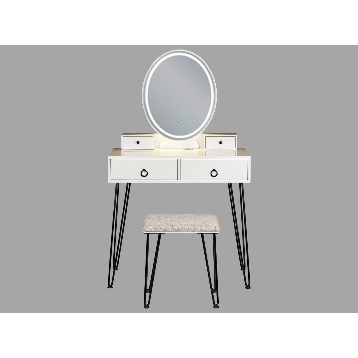 Toaletka 4 szuflady lustro LED ze stołkiem biało-czarna SOYE