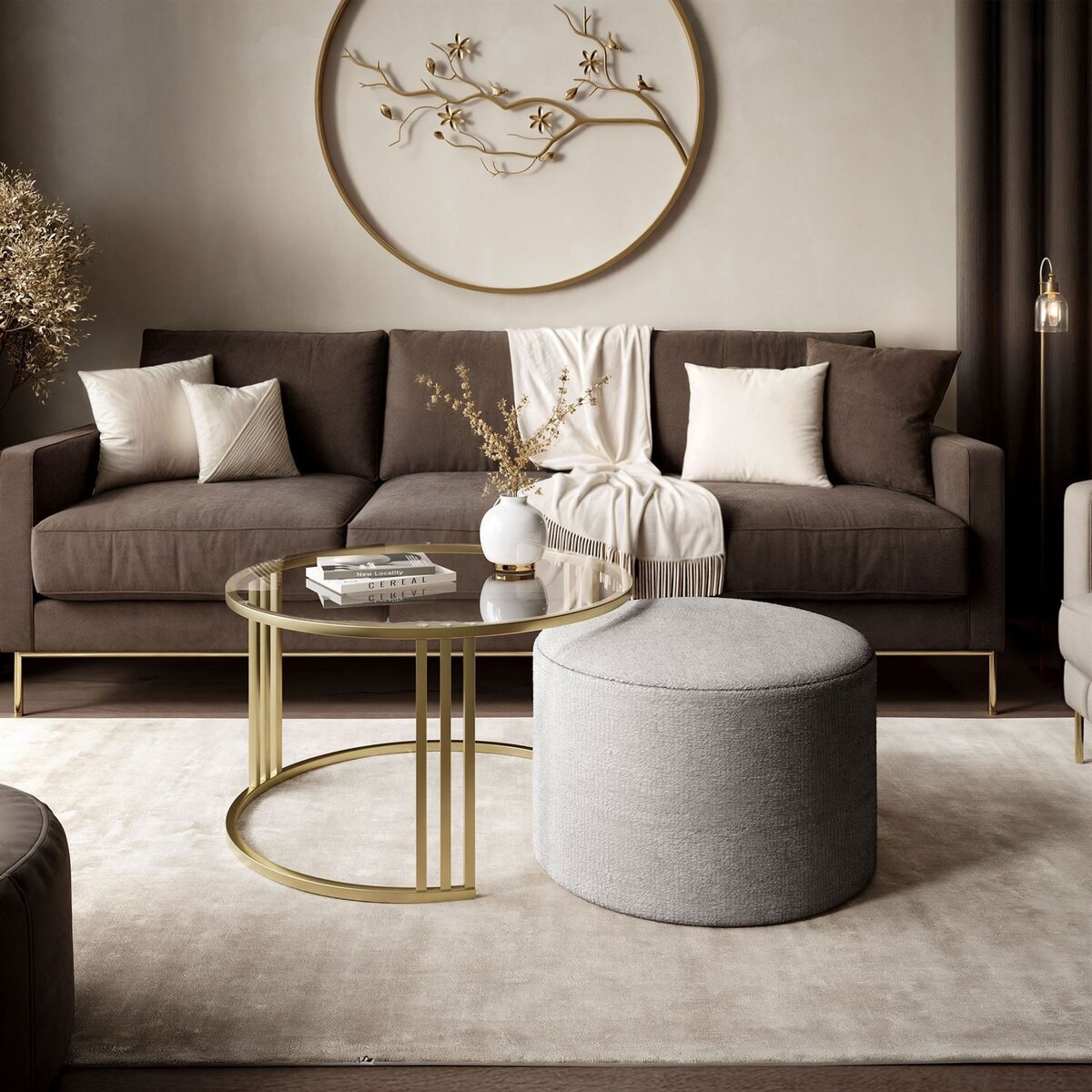 Stolik kawowy z pufą LORI GLASS złoto szczotkowane, przezroczyste szkło / Perfect Harmony 82