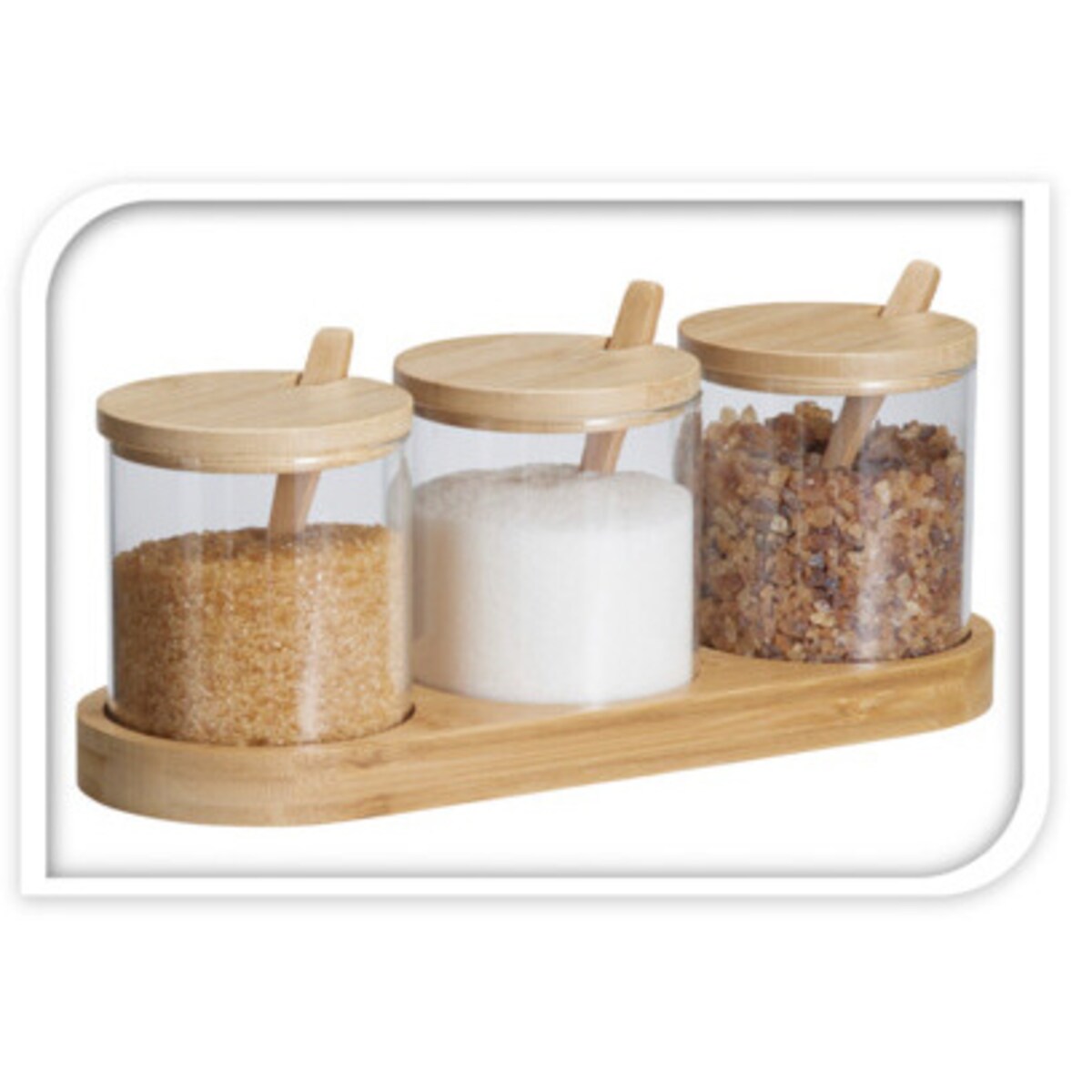 Słoiczki na przyprawy YULEA, 3 x Ø 8,5 cm, na bambusowej podstawce