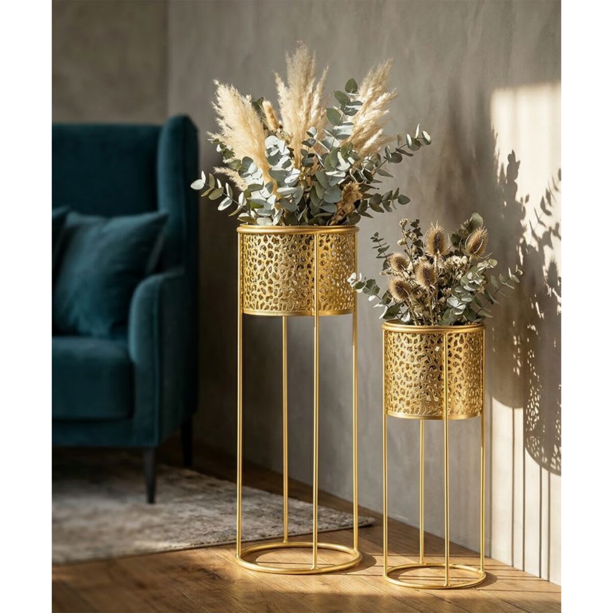 Kwietnik metalowy NAT, zestaw 2 szt., złoty, Ø 17x46 i 14x34 cm