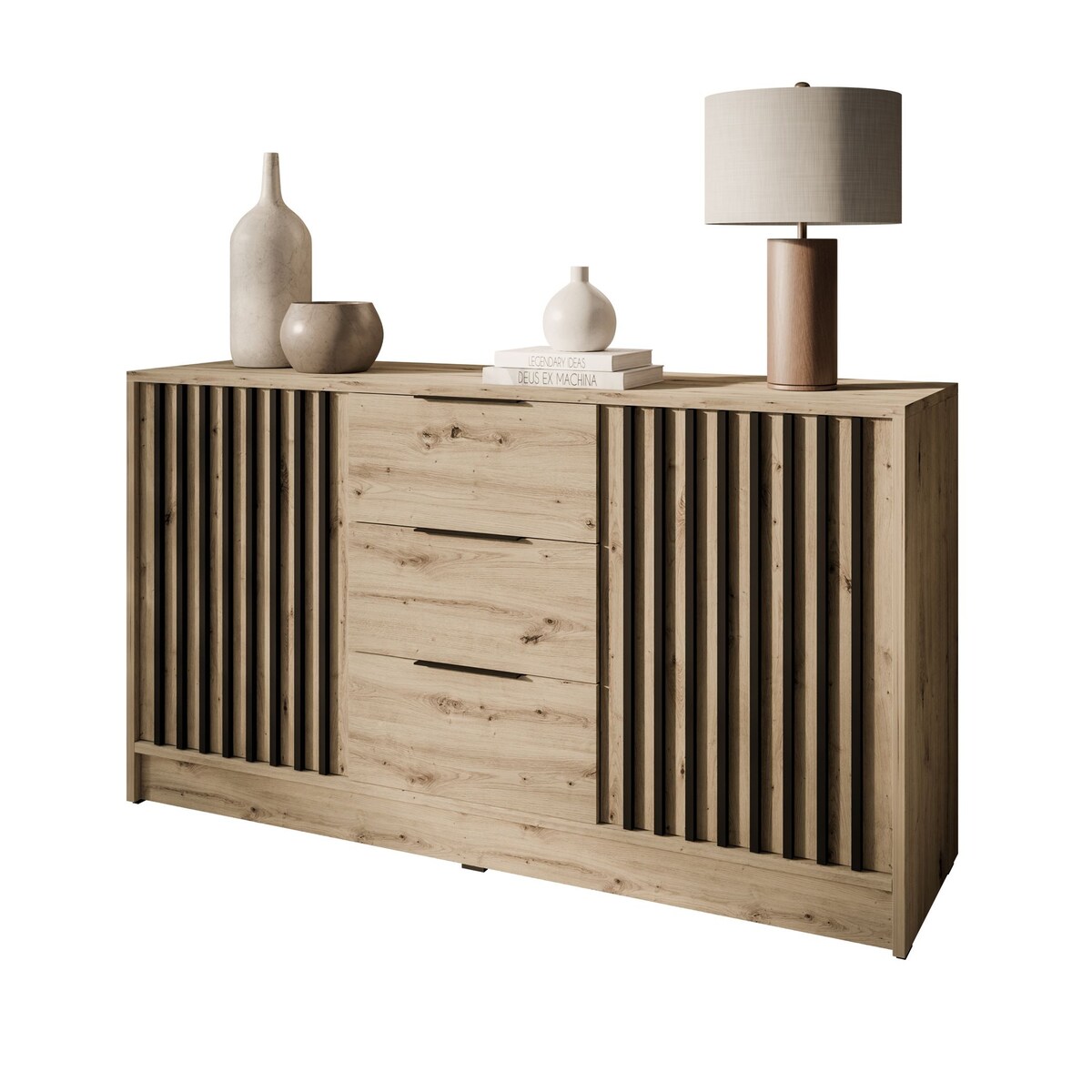 Dwudrzwiowa komoda NELA z lamelami, dąb artisan + czarny