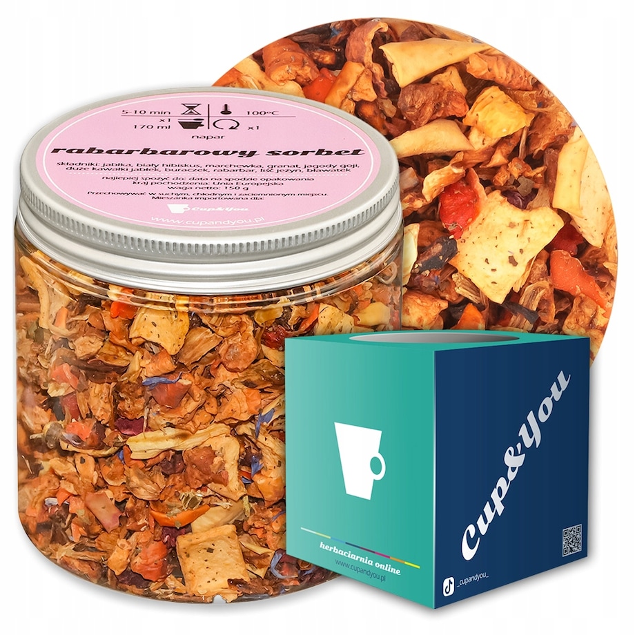 Herbata owocowa RABARBAROWY SORBET o smaku rabarbarowym PREMIUM Cup&You - herbata liściasta sypana mieszanka napar susz - gotowa na prezent upominek