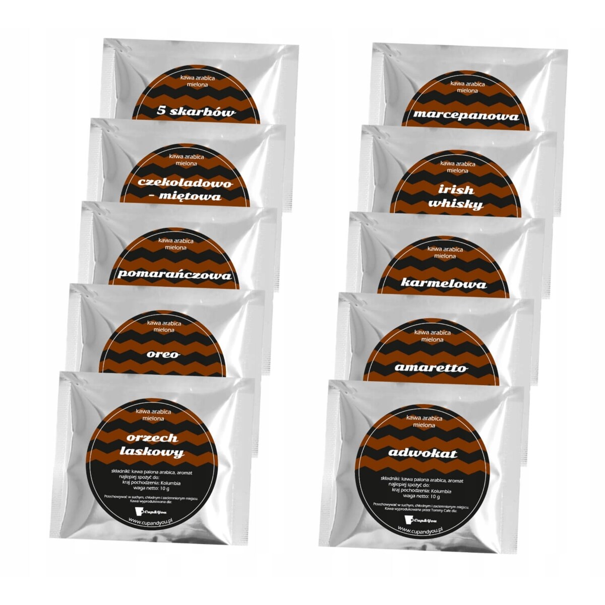 ZESTAW PREZENTOWY UPOMINKOWY BOX - 10 RÓŻNYCH SMAKÓW KAW MIELONYCH ARABICA - PREZENT UPOMINEK DLA TATY TEŚCIA NA DZIEŃ OJCA URODZINY