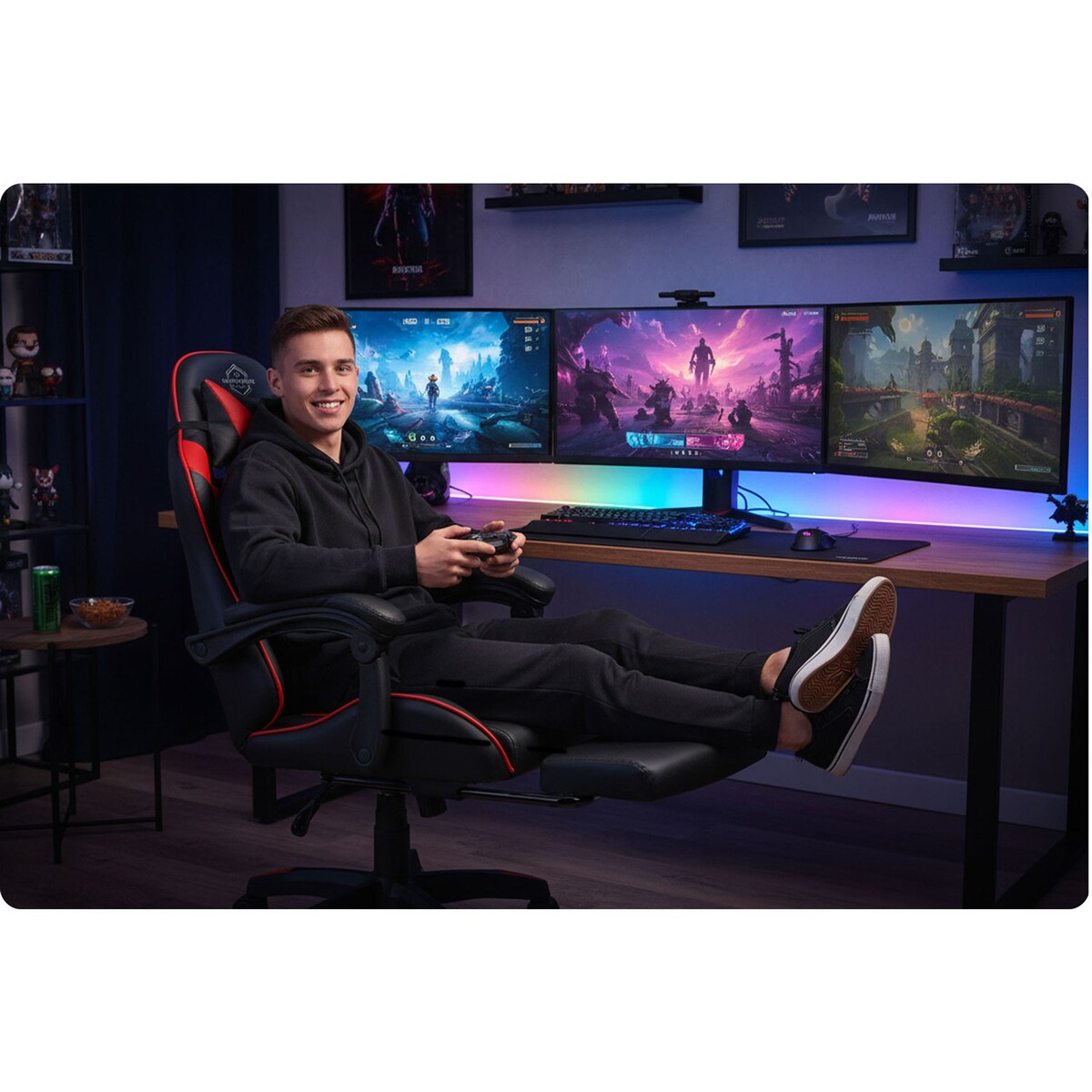 Fotel gamingowy Sofotel Draknor II czarno-czerwony krzesło gracza poduszki podnóżek 242501