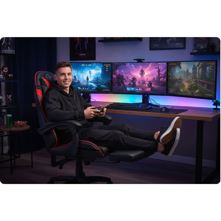 Fotel gamingowy Sofotel Draknor II czarno-czerwony krzesło gracza poduszki podnóżek 242501