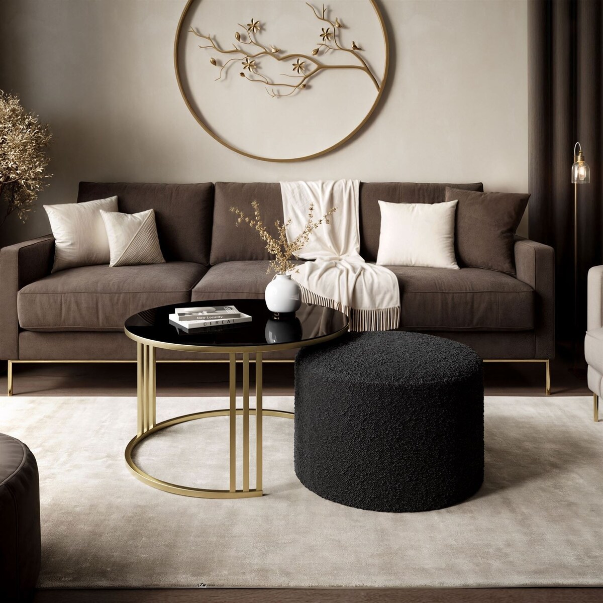 Stolik kawowy z pufą LORI GLASS złoto szczotkowane, czarne szkło / Coral 60