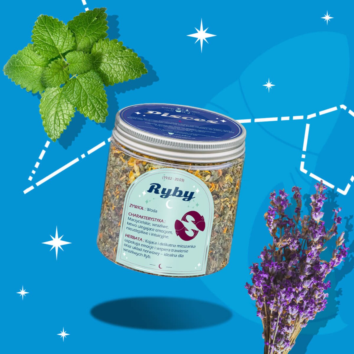 Herbata Zodiakalna RYBY - herbaciany susz napar ziołowa mieszanka na astrologiczny prezent upominek podarunek dla osoby ze znakiem zodiaku RYBY