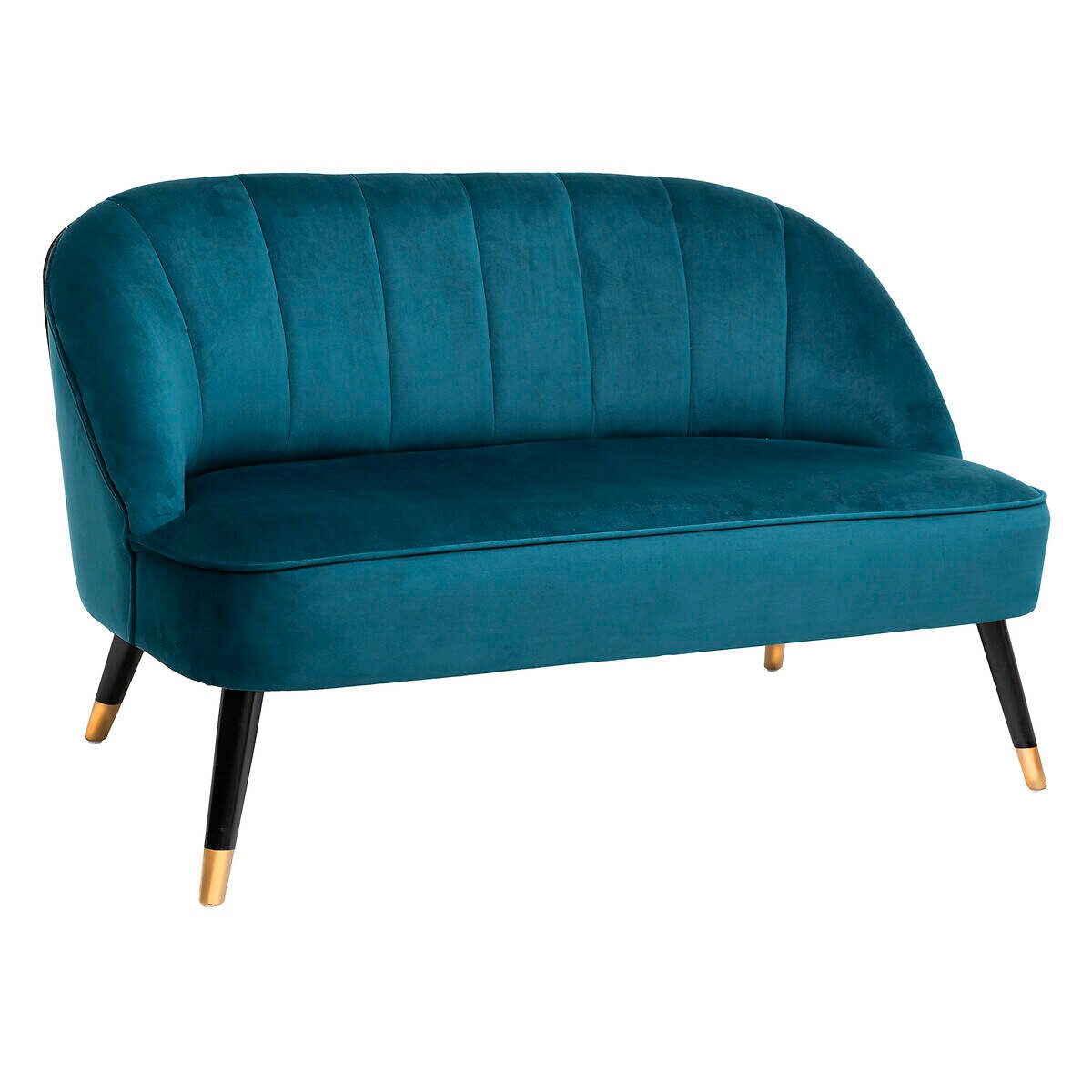 Mała sofa dwuosobowa NAOVA, aksamitne obicie, drewniane nóżki