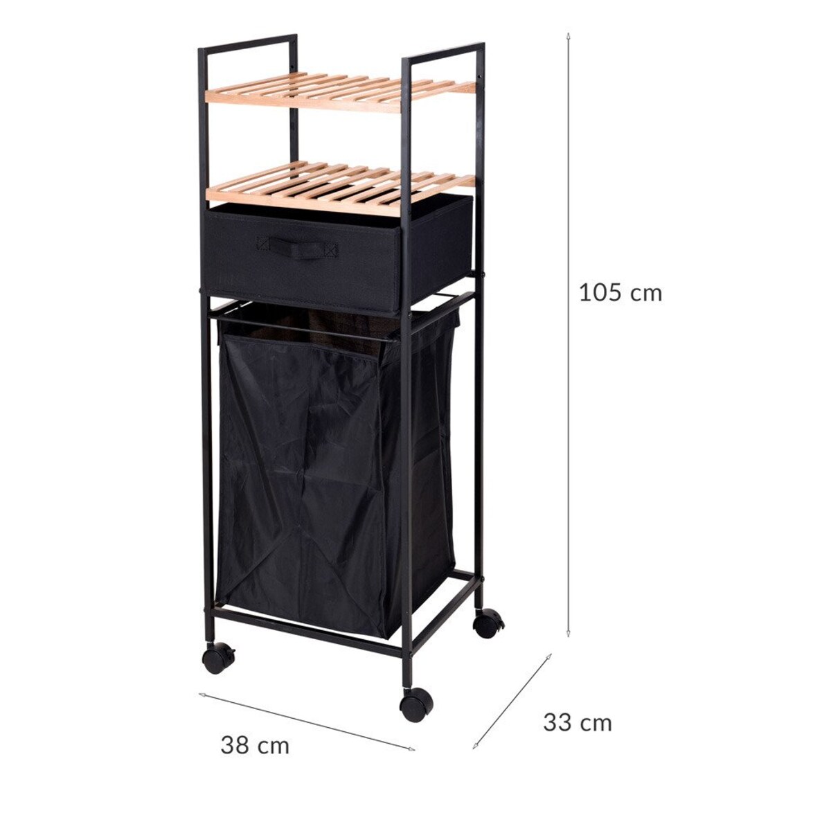 Wózek łazienkowy z półkami i torbą na pranie, 2w1, bambusowy