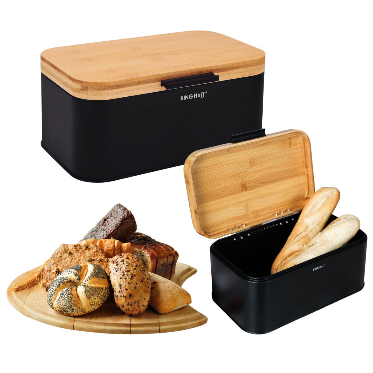Chlebak stalowy z pokrywą bambusową pojemnik czarny KINGHOFF