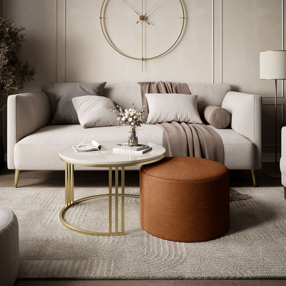 Stolik kawowy z pufą LORI POŁYSK złoto szczotkowane, kaszmir / Perfect Harmony 52