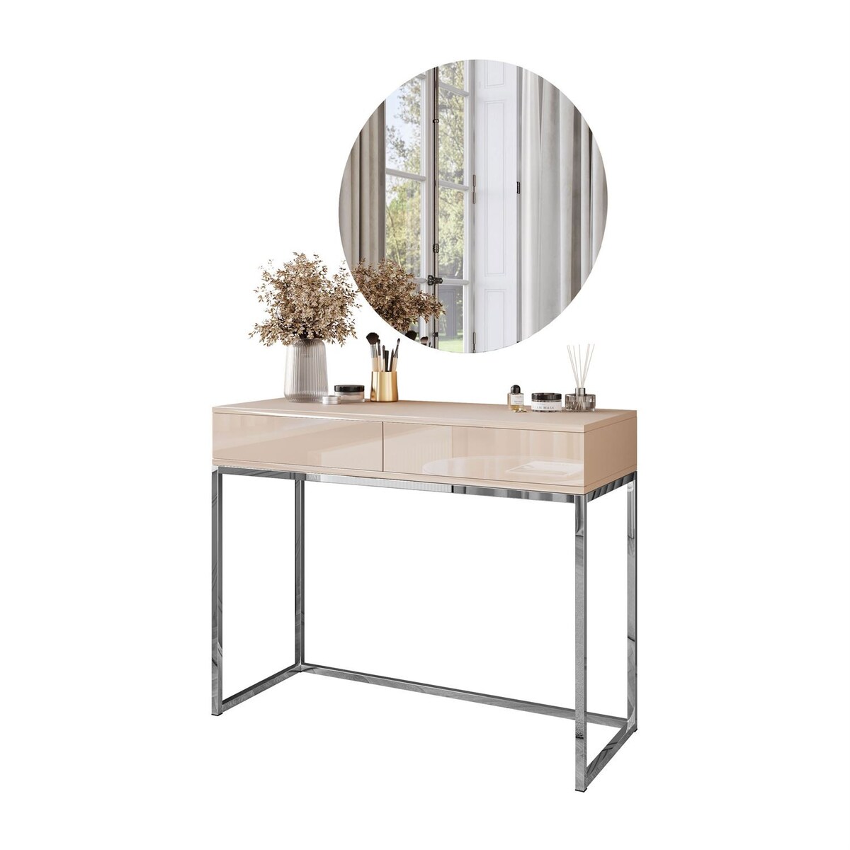 Toaletka BLANCO GLAMOUR KASZMIR na chromowanym stelażu z lustrem LED, push-to-open