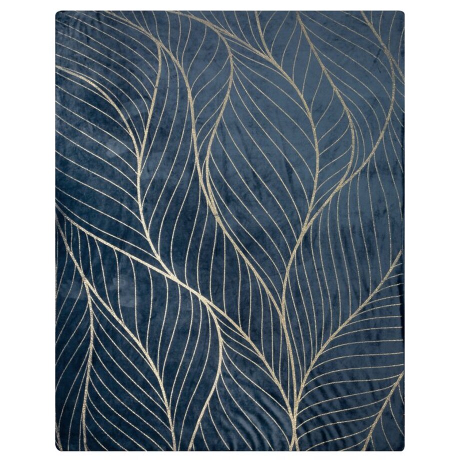 Koc Pled mikrofibra Złote Liście Wzory Roślinne 150 x 200 cm Granatowy miękki