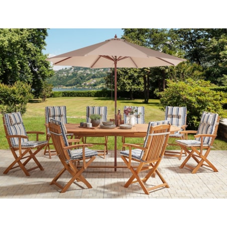Zestaw ogrodowy drewniany stół z parasolem i 8 krzeseł z poduszkami niebiesko-beżowymi MAUI II